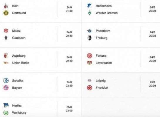 Lịch thi đấu tuần Bundesliga tuần này